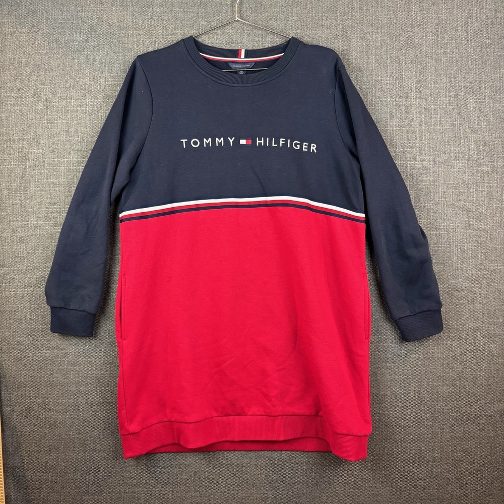 Tommy Hilfiger Sweater Dress Womens Large Pullover Pocket Colorblock‎ Red Blue